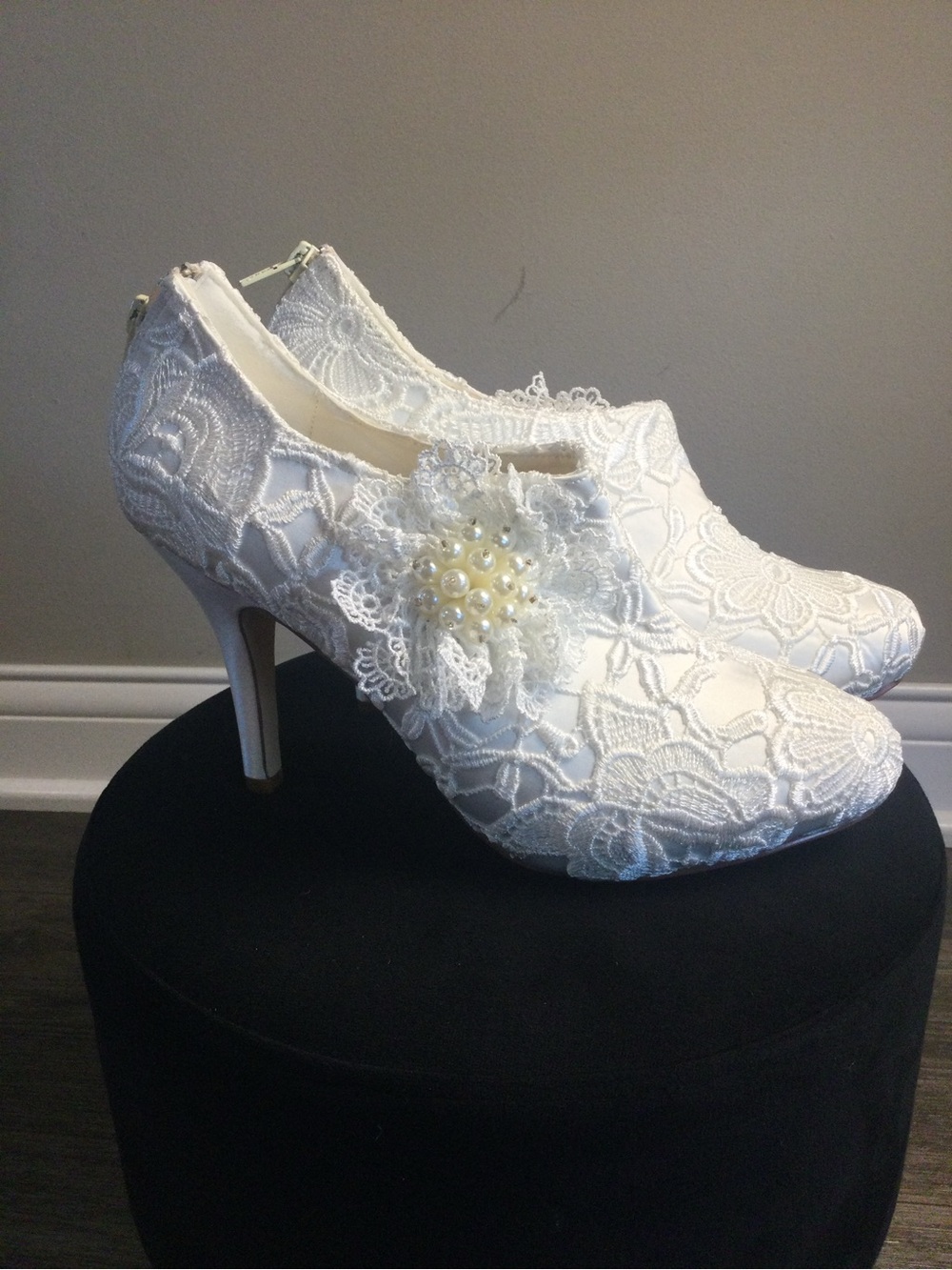 White Lace Bridal Heeled Booties with Pearl Floral Accent